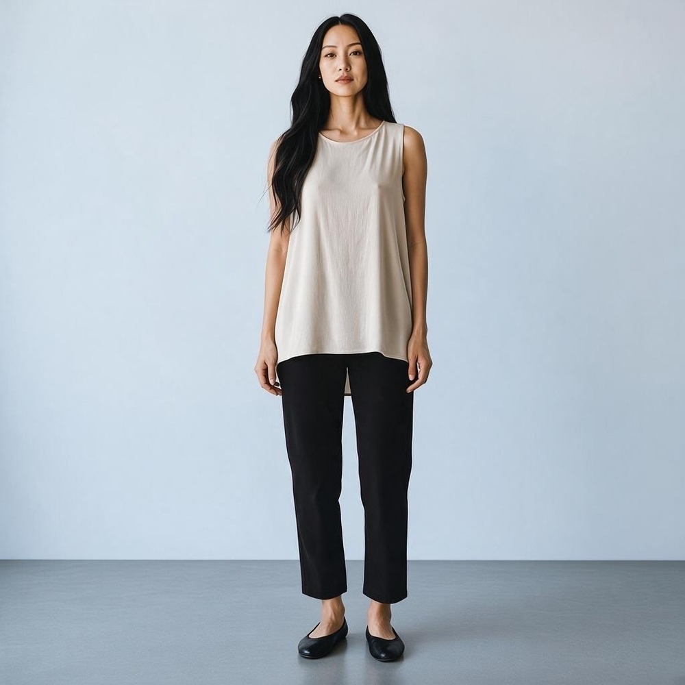 Eileen Fisher Silk Tunic Top Women Small Beige Sleeveless High Low Hem
